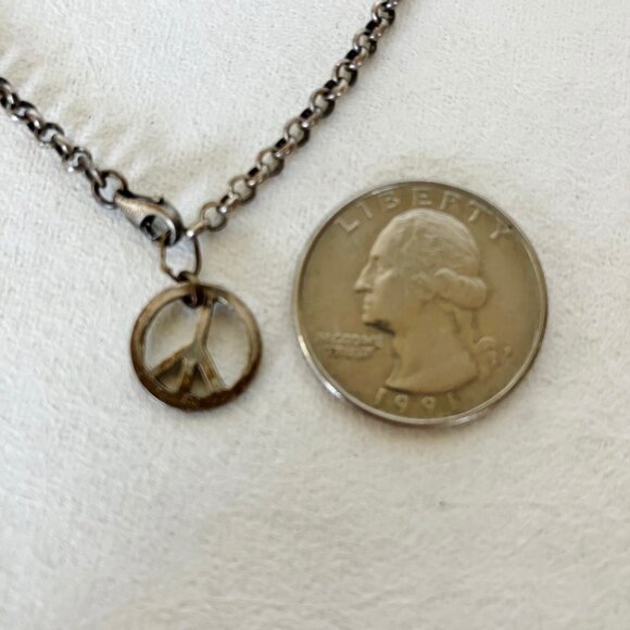 Peace Symbol Charm Bracelet Antique Silver Tone Metal Link Chain Vintage 7.5" - Picture 4 of 5